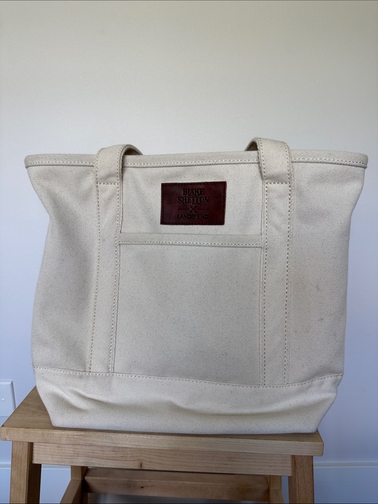 Lands' End Handbags - Lands' End Canvas Tote in Cream with Brown Leather Patch